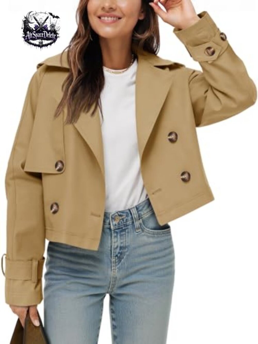 Cropped Trench Coat Oversized Notched Lapel Double Breasted Women's Jacket